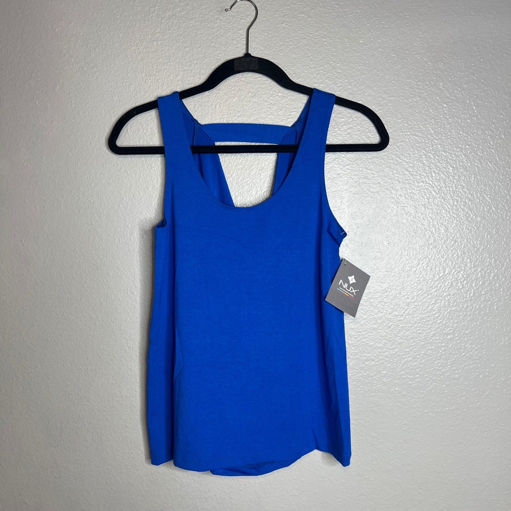 NUX Exhale Tank Top Womens Size XS Blue Draped Open Back Activewear NWT